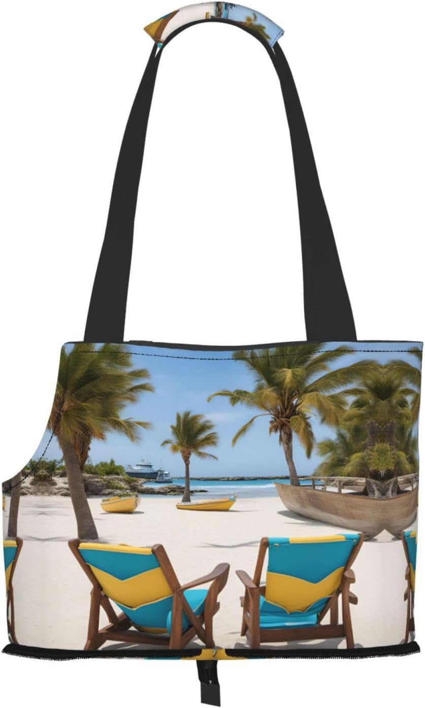 Beach Palm Tree Chairs Boats Print Portable Foldable Shoulder Bag for Travel,with Collar Hook and Handle Pad,Cute Stylish Design