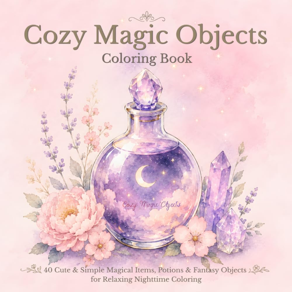 Cozy Magic Objects Coloring Book: 40 Cute & Simple Magical Items, Potions & Fantasy Objects for Relaxing Nighttime Coloring