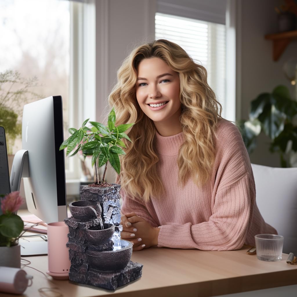 Indoor Tabletop Fountain Waterfall Meditation Exquisite Meditation Desk Water Decorative Zen Fountain Office and Home Decoration Grow Plant/Herbs by Yourself