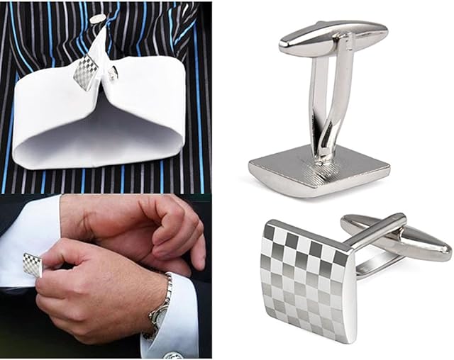 KINGQ Mens Silver Square Checkerboard Cufflinks