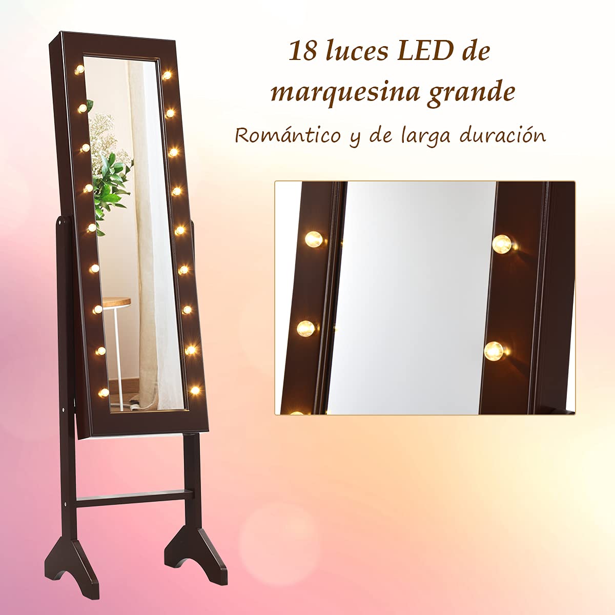 COSTWAY Armario para Joyas Espejo Joyero de Pie con 18 LED, Inclinación Ajustable, Marrón