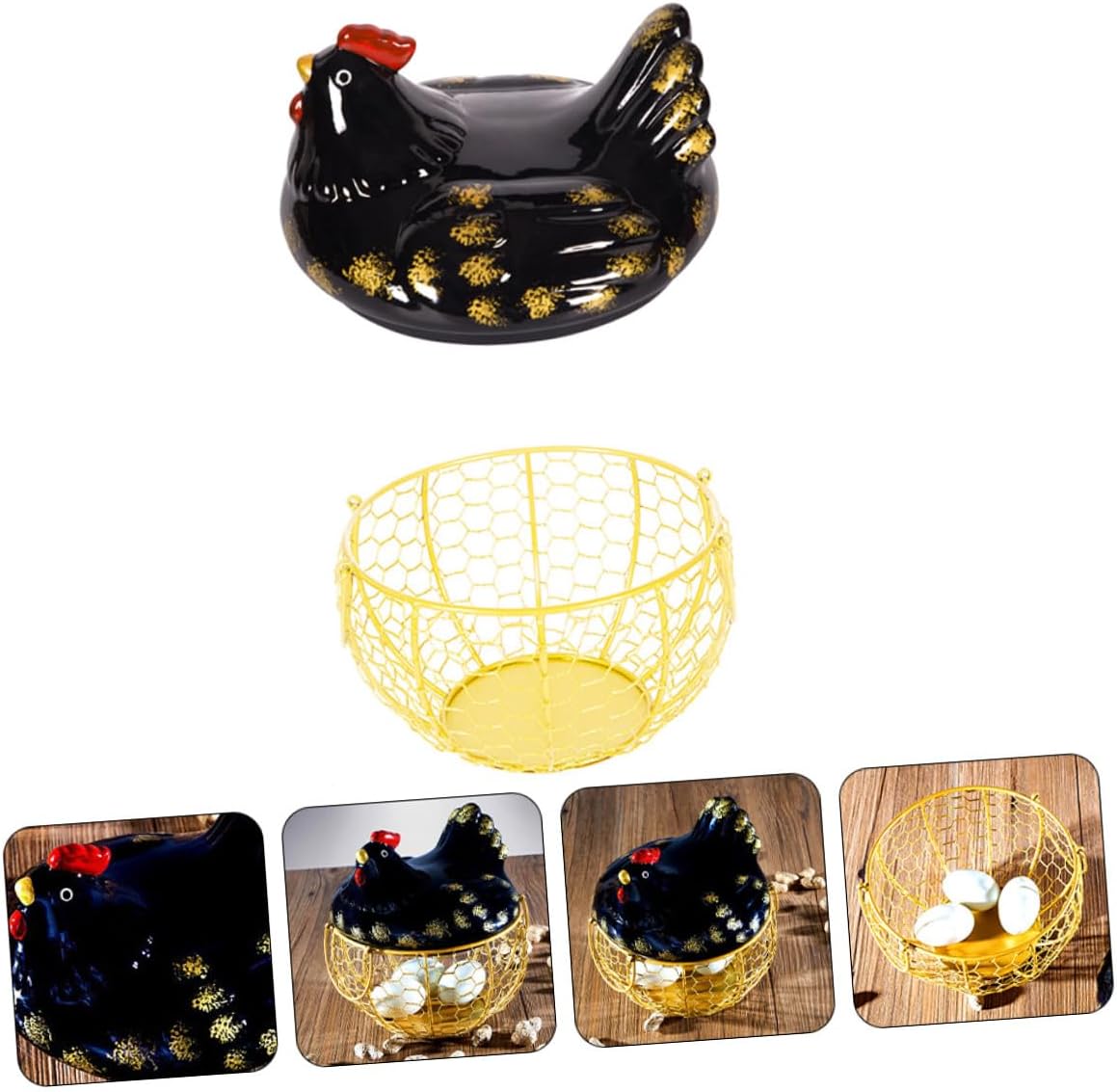 Farmhouse Iron Egg Basket with Lid Black and Gold Wire Egg Storage Container for Kitchen Counter Multifunctional Food and Fruit Holder and Produce