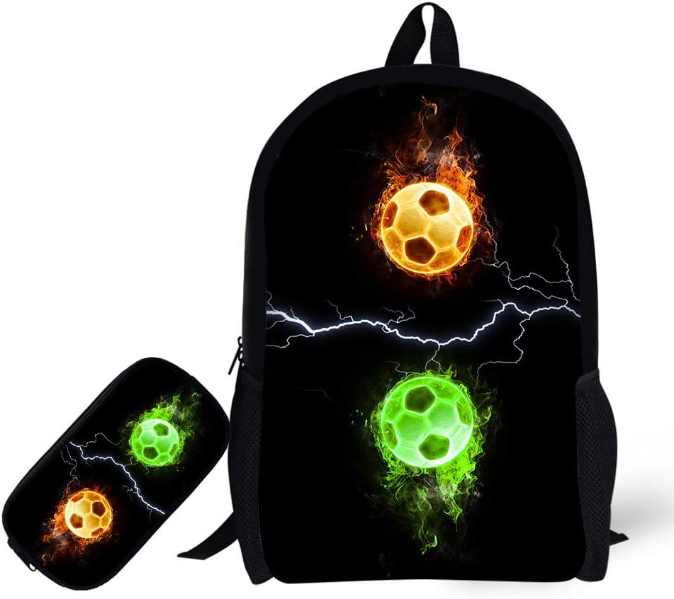 School Backpack，for Age 6-16 Boys with Pencil Bag Combustion Football Design