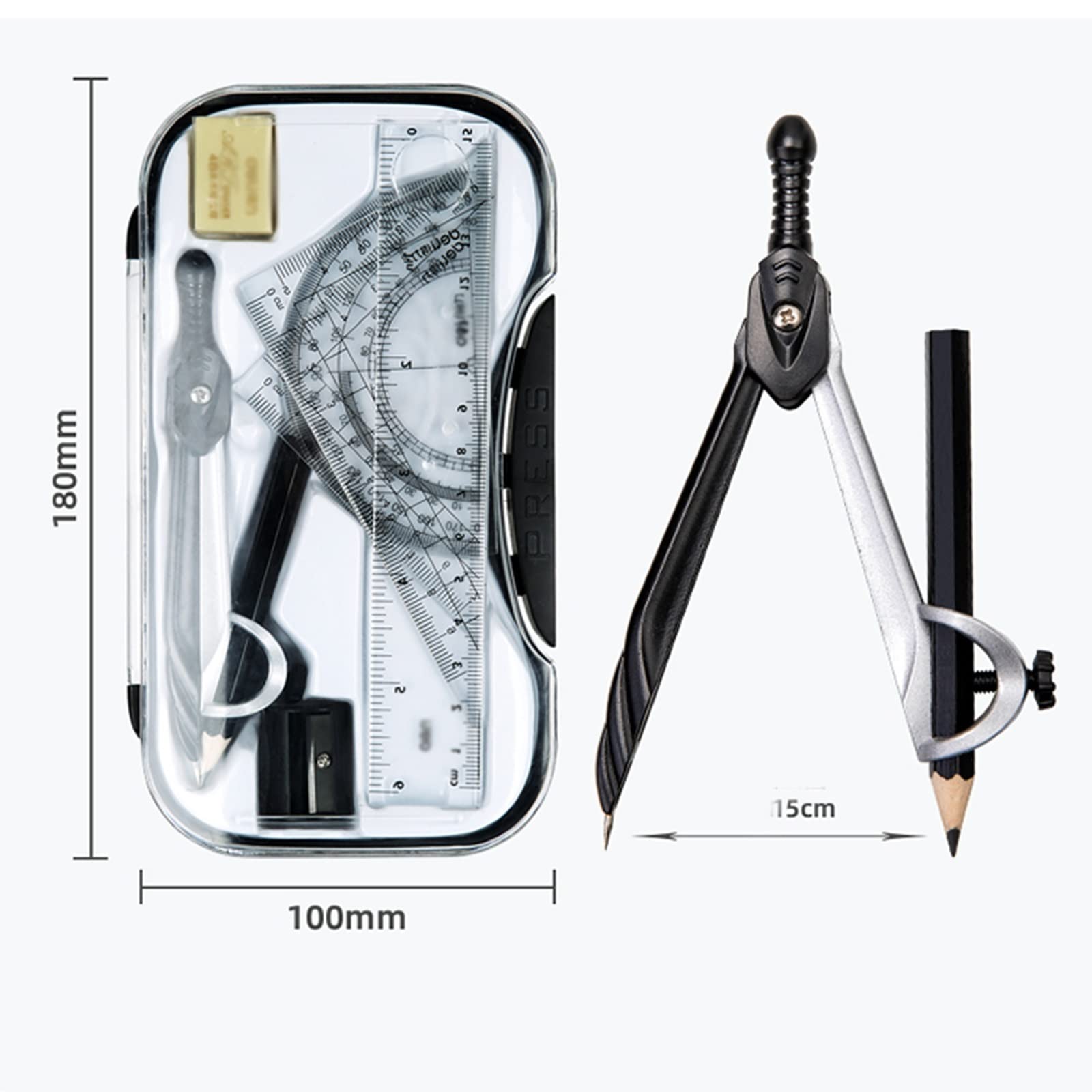 Geometrie-Werkzeugset mit Zirkel und Aufbewahrungsbox, inklusive Metall-Zeichenwerkzeugen für Schüler, Zirkel und Kreiszeichenwerkzeug
