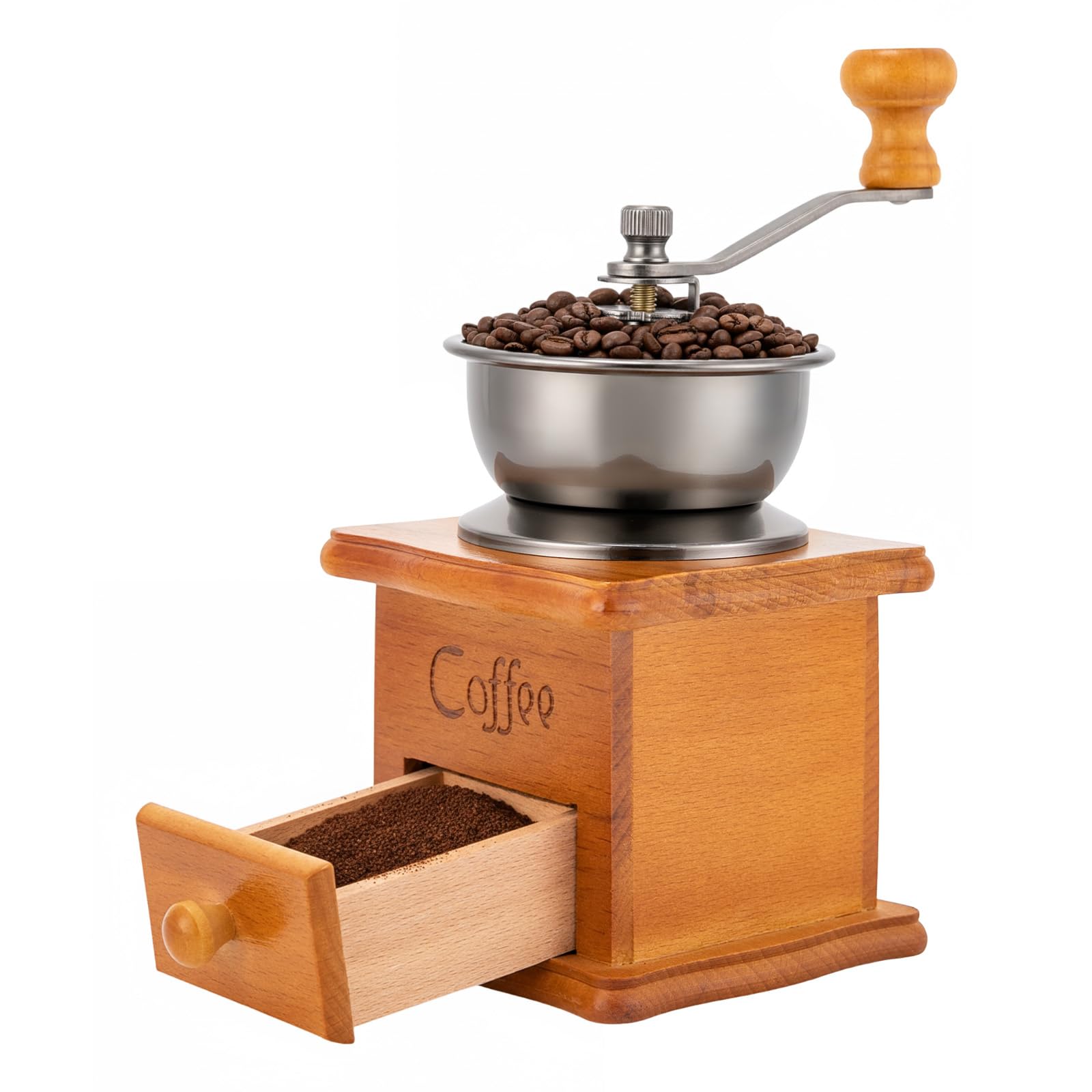 Molinillo de café manual, molinillo de mano de madera retro, molinillo de café con manivela, fuerza de molienda ajustable, molinillo de granos de café con cajón de madera, portátil para