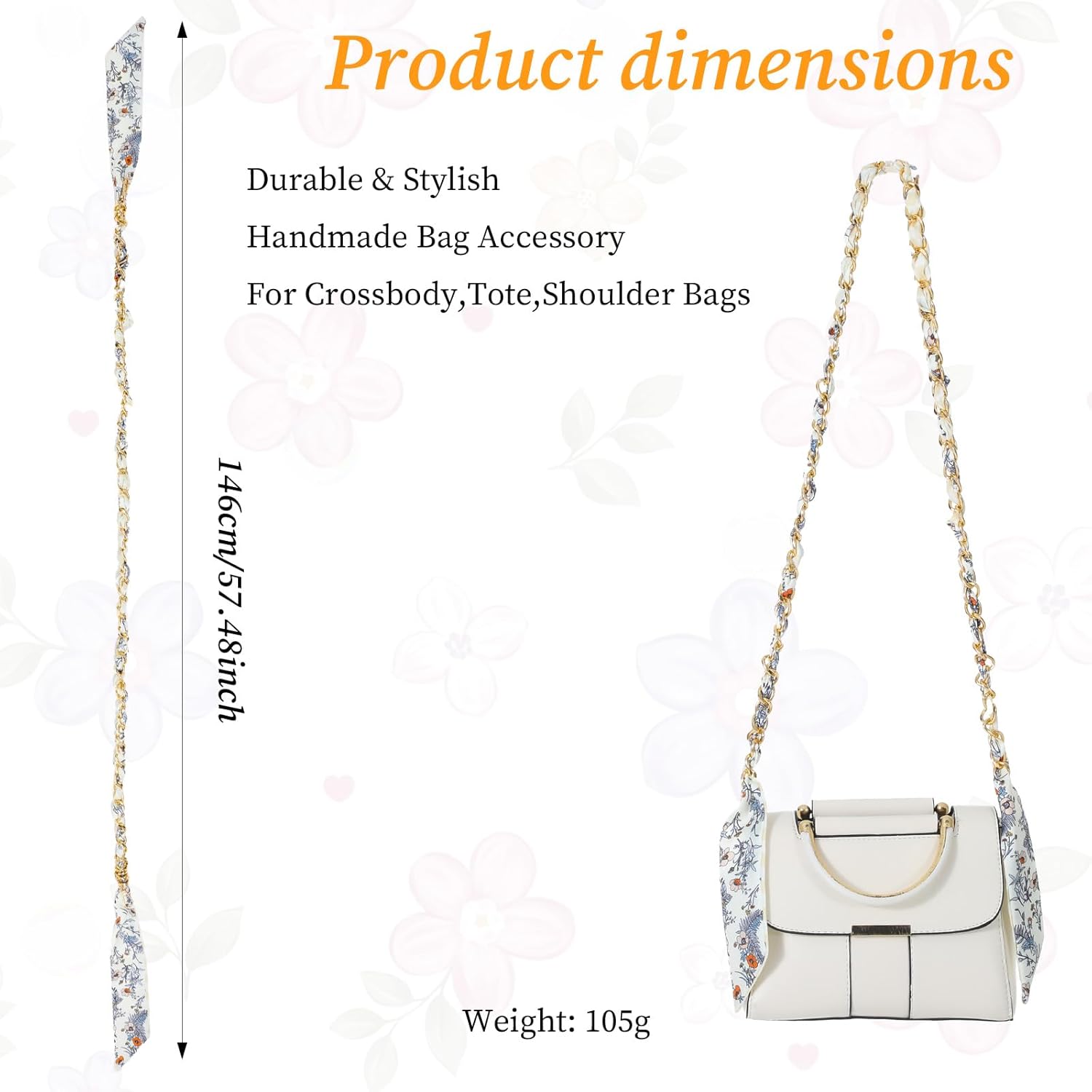 Shimmeroo Replacement Purse Straps,57 Inch Crossbody Bag Strap, Elegant Silk Scarf Woven Shoulder Straps for Handbags,DIY Decorative Purse Chain Accessories (Flower Style) - Image 2