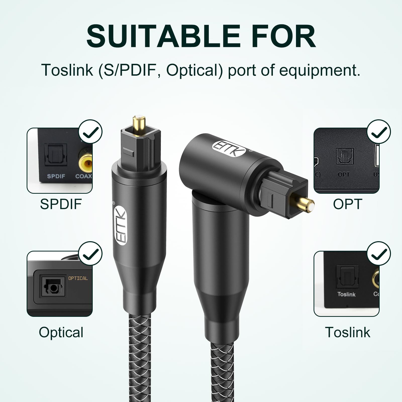 EMK Cavo Audio Ottico digitale angolo retto Cavo Toslink (Giunto placcato oro, 90 gradi fibra ottica, ottica a TOSLINK, 360 gradi girevole) cavi ottico per DVD, altoparlante, soundbar, TV (5 m)