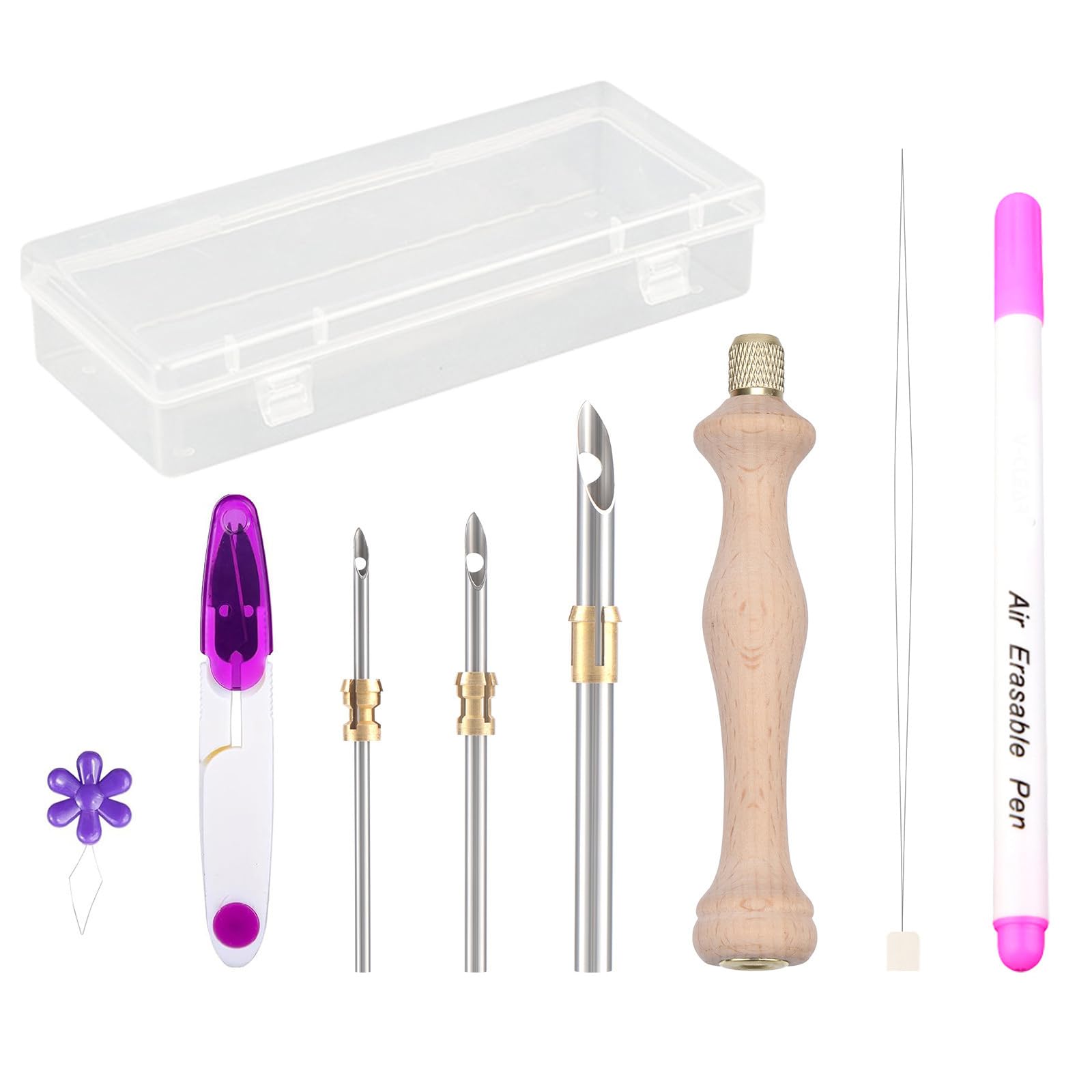 Buxuaaaa Beading Needle and Punching Needle Supplies Includes Wood Handle Embroidery Pen Scissors Threader Marker for Beginner Embroidery Tool
