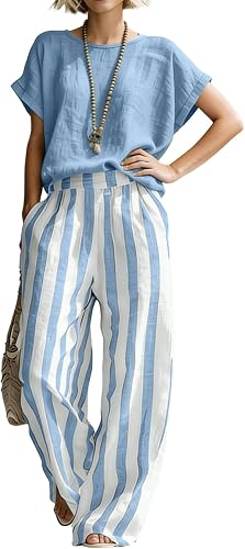 SamLng Lounge Sets For Women Linen 2 Piece Summer Clothes 2 Piece Short Sleeve B