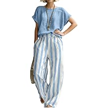 2 Piece Short Sleeve Blouse with Vertical Striped Wide Leg Pants, Linen 2 Piece Set Casual Summer Loungewear Set
