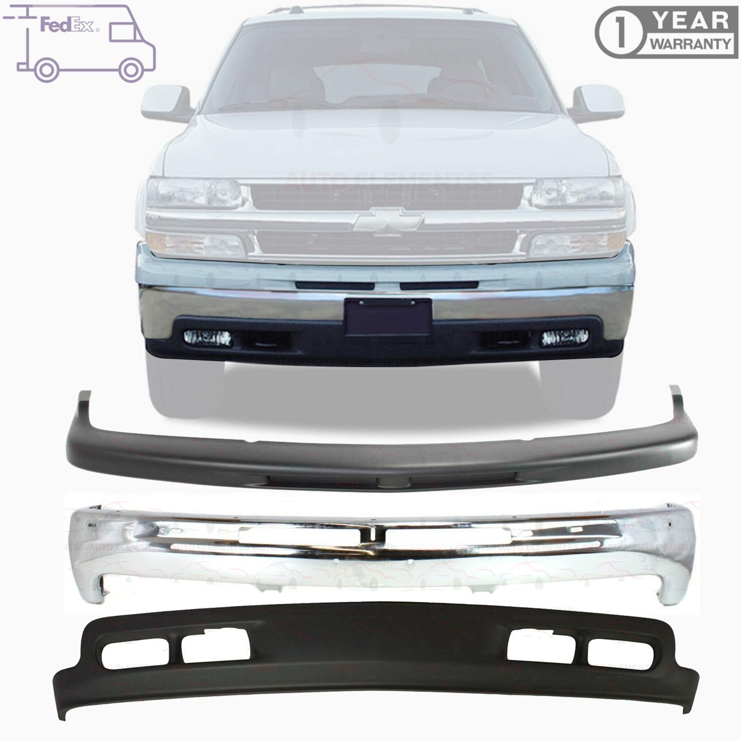 New Front Bumper Chrome Steel + Upper Cover Primed + Lower Valance Primed For 1999-2002 Chevy Silverado 1500/2000-2006 Chevrolet Tahoe Suburban 1500 Direct Replacement 12336026 15005294