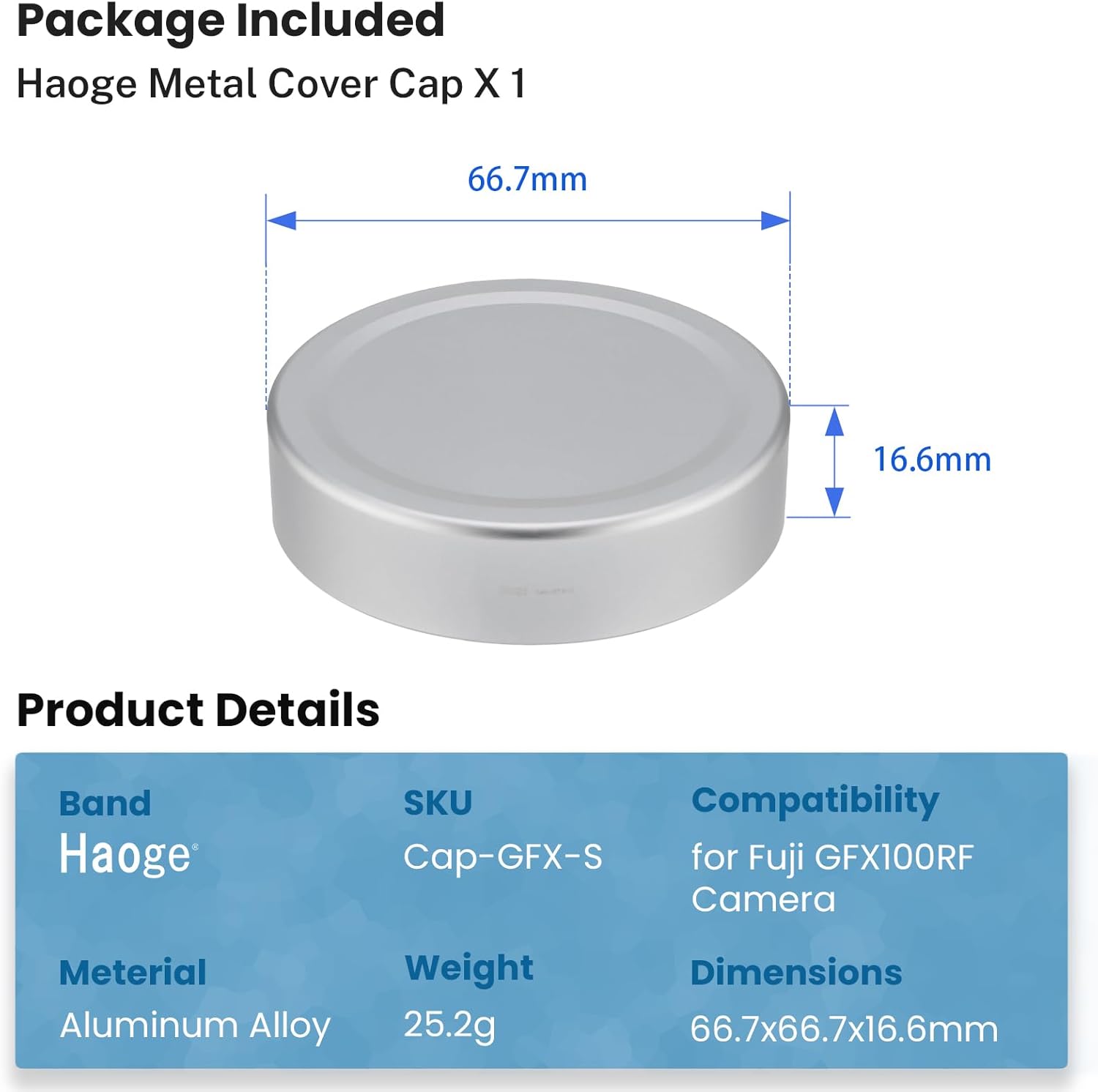 Haoge Metal Front Lens Cap Cover for Fujifilm GFX100RF Camera Accessories Silver Cap-GFX-S