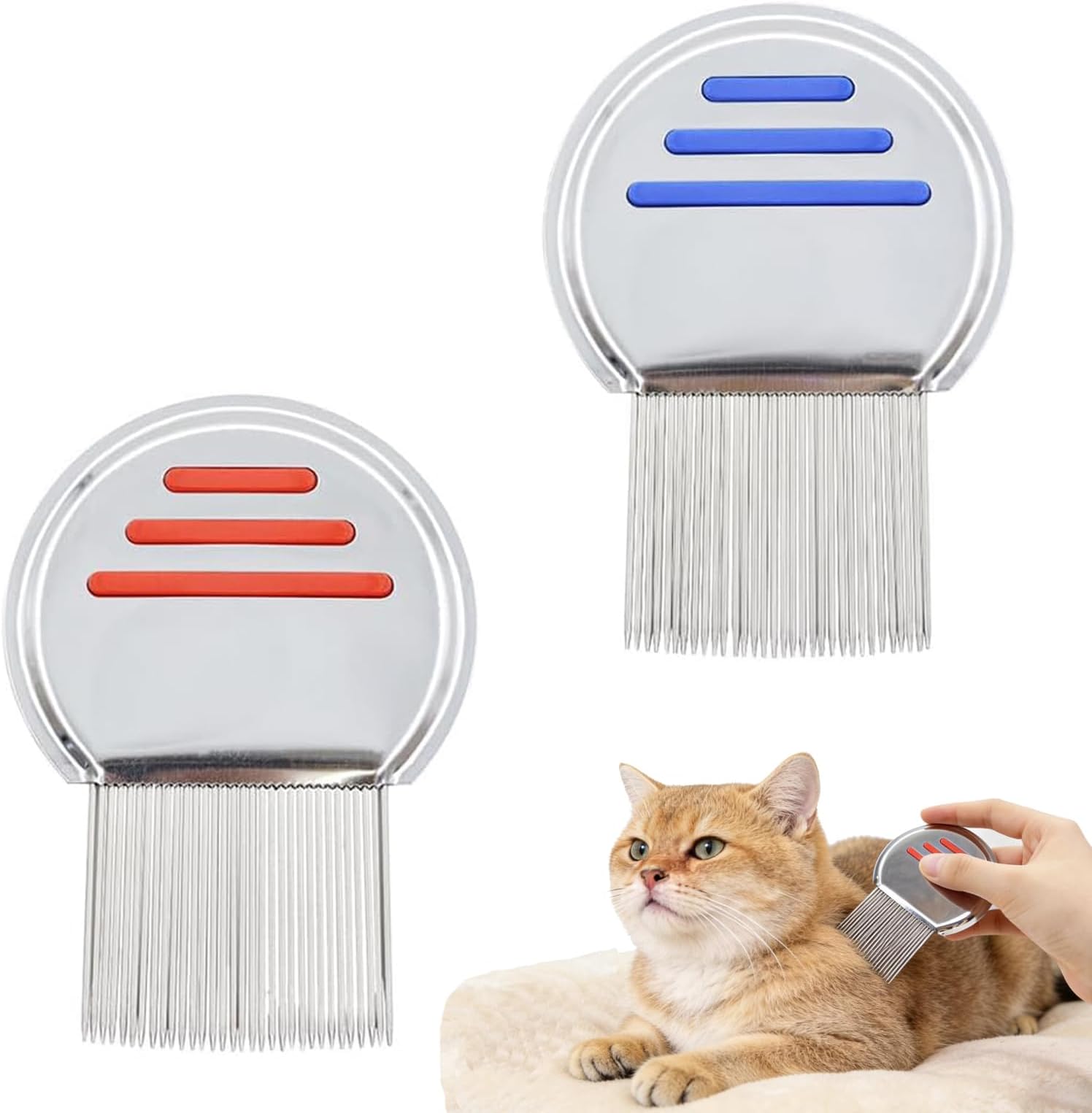 2 PCS Nit Comb, Head Lice Combs, Lice Removal Comb Reusable Metal, for Kids, Adults, Pets, Head Lice Treatment, Dandruff Removal & Removes Louse Nits(Red/Blue)