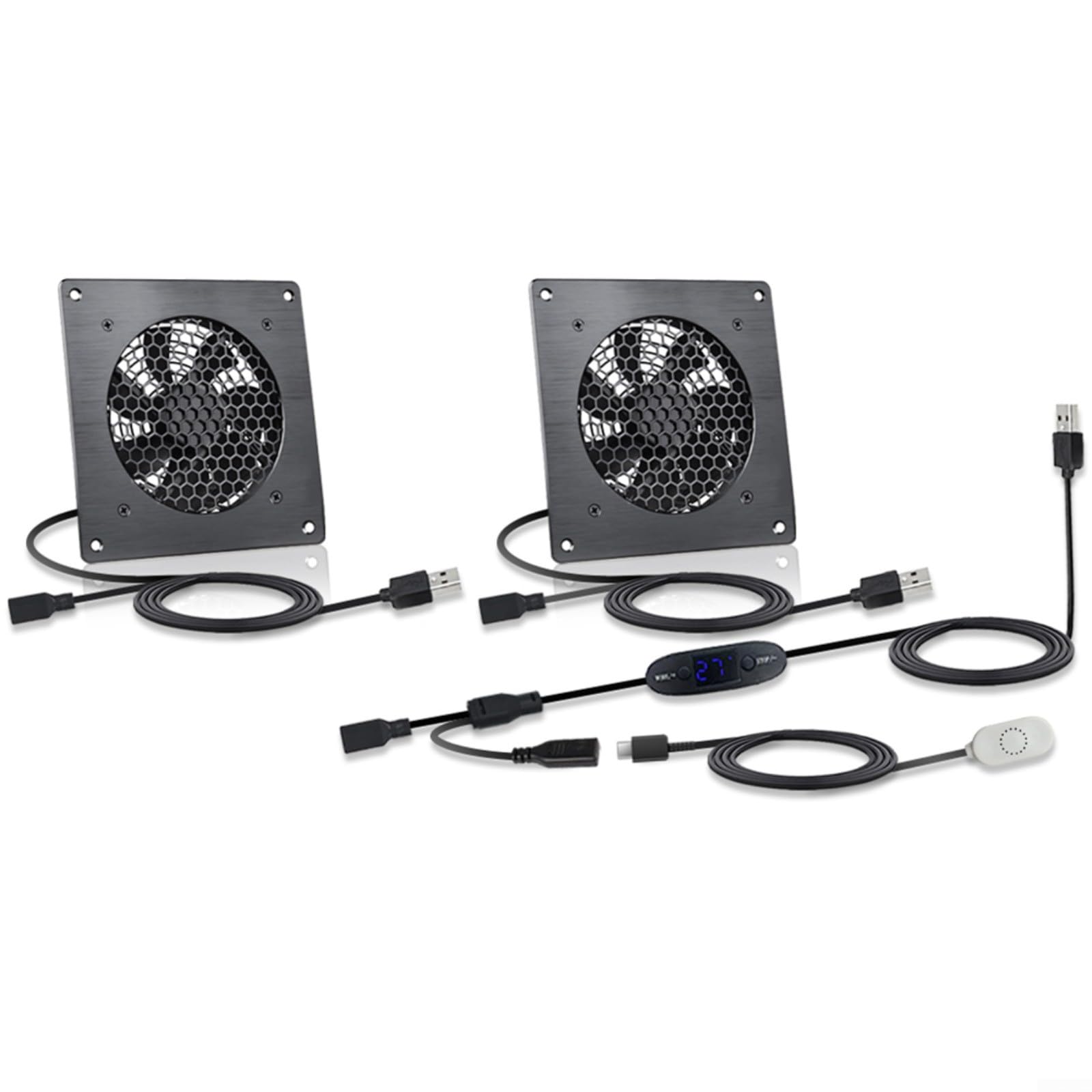 USB Lüfter mit Temperatursteuerung 10 Stufen 0-60°C 120mm Leise 16dB IPX5 Wasserdicht Eisen Gehäuse für Server Schrank Gewächshaus Büro Schwarz(U10T1225JGX3)