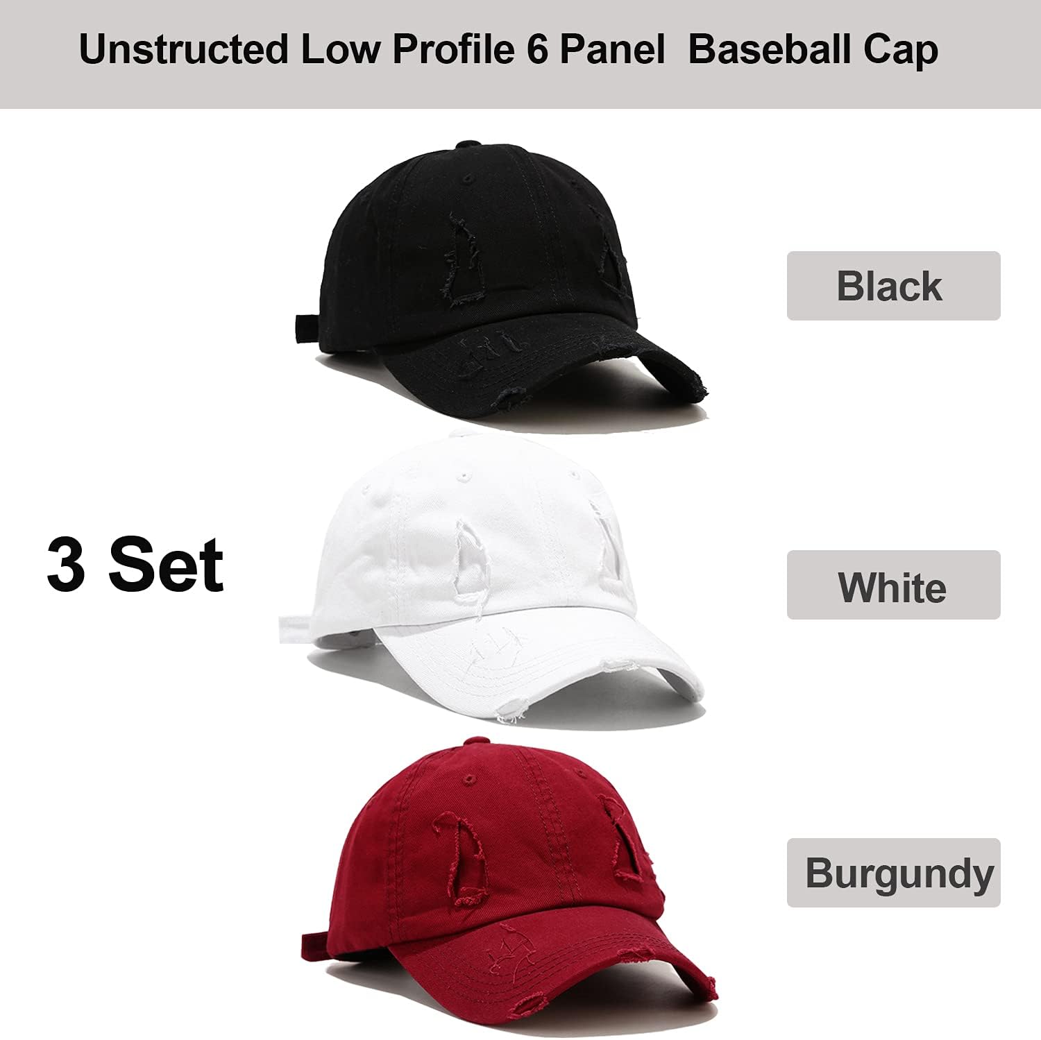 Umeepar Baseball Cap 3 Pack Vintage Distressed Low Profile Unstructured Broken Patch Cotton Dad Hat Adjustable for Women Men