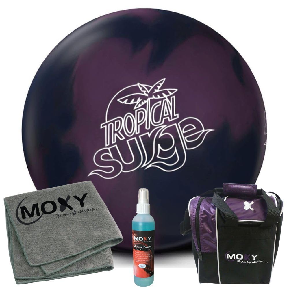 Bowlerstore Products Storm Tropical Surge Purple/Navy Bowling Ball | Moxy Strike Purple Bowling Bag | Moxy Grey Micro Fiber Towel | Moxy Xtreme Power Cleaner Package 11lbs