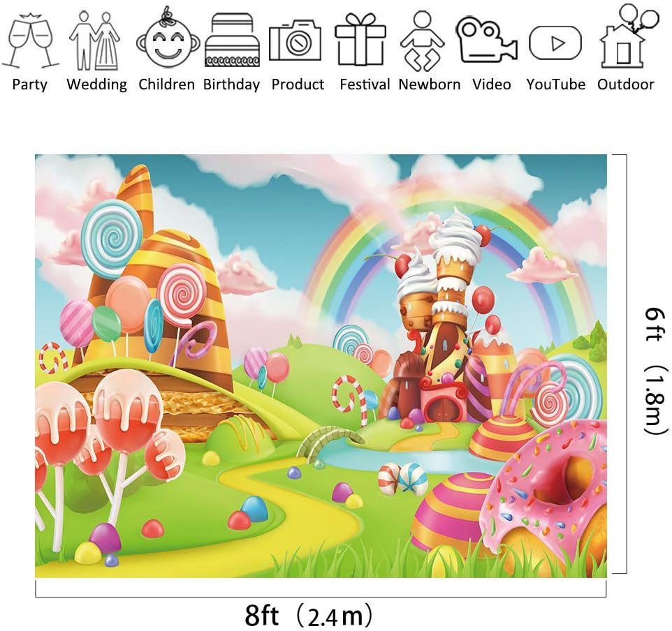 Hottest Sales Riyidecor Candyland Lollipop Rainbow Castle Photo Backdrop Fabric Polyester Cartoon Kids 8x6 Feet Ice Cream Cloud Lawn Photography Background Newborn Birthday Party Studio Shoot Backdrop RY-QXEN