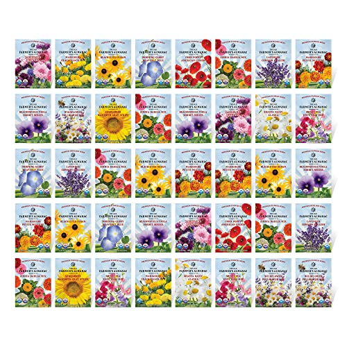 The Old Farmers Almanac Premium Flower Seed Variety Pack - 40 Packets - Non-GMO Premium Open Pollinated