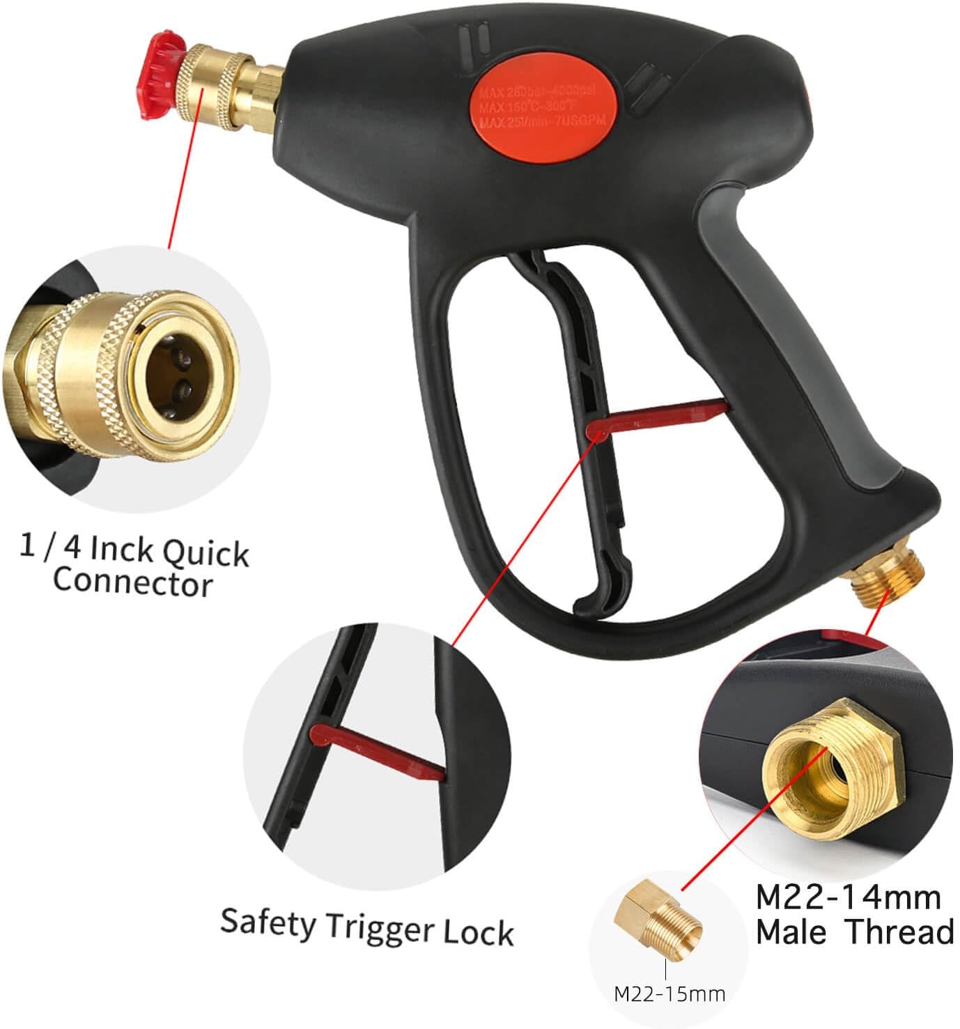 Short High Pressure Washe Gun, 4000 PSI Power Washer Gun, M22-14mm Fitting, 1/4” Quick Connector Coupler and 5 Nozzle Tips