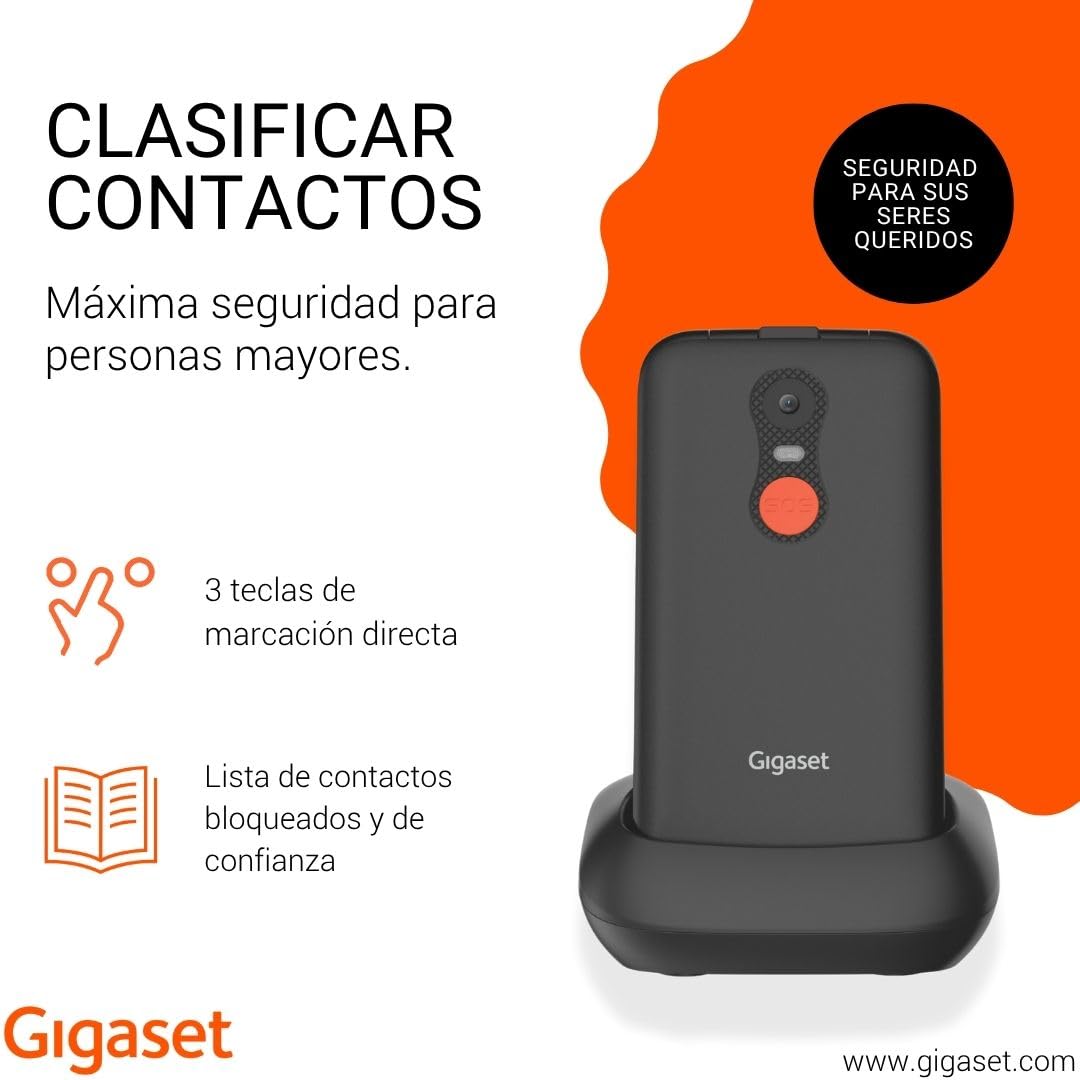 Gigaset GL595 Flip Móvil para Personas Mayores, Botón SOS, Negro | Teclas grandes, resistente a polvo y salpicaduras, sin contrato, pantalla TFT