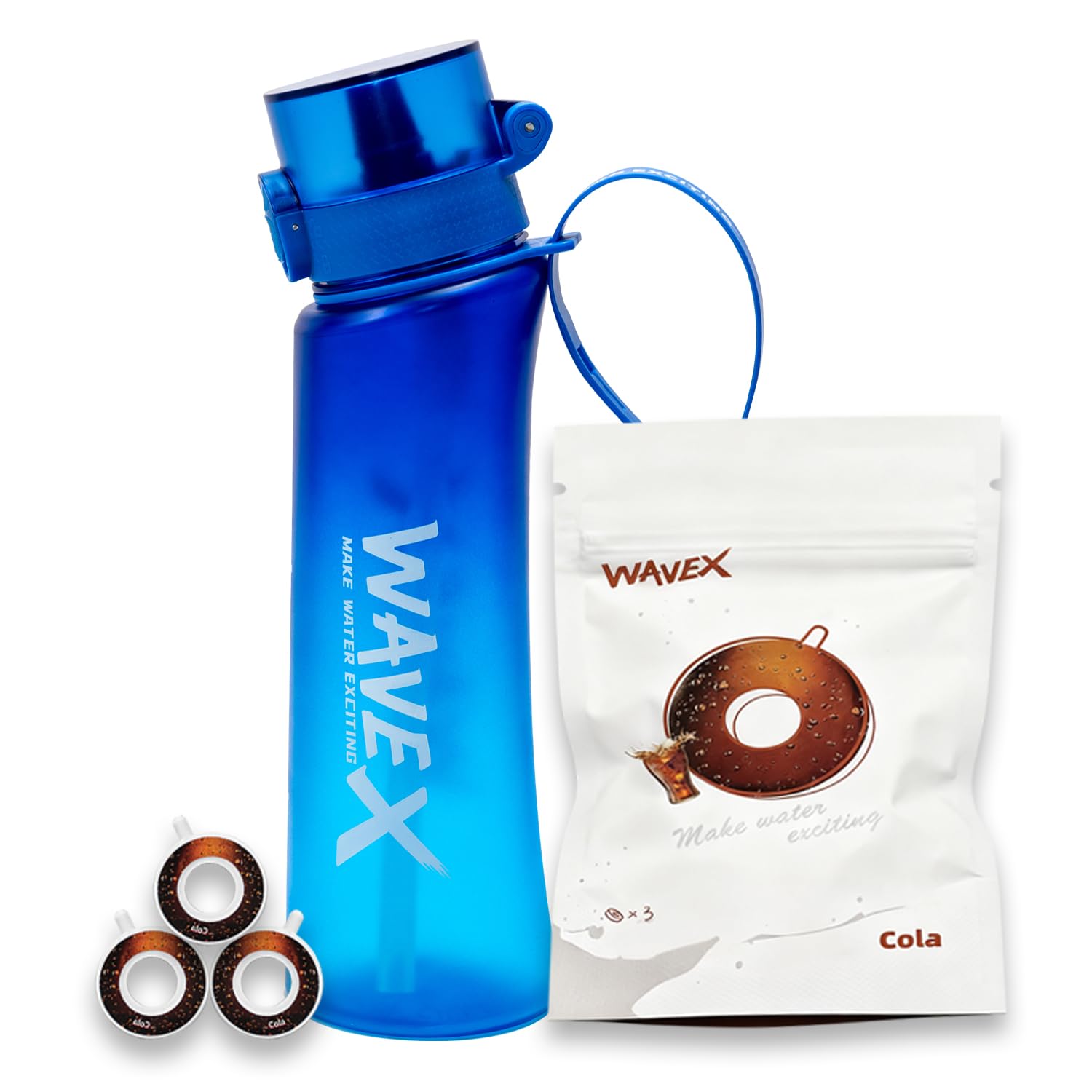 WaveX Scented Water Bottle, Includes 3 Cola Aroma Scent Pods, BPA Free, Flip Top Lid, Straw &amp; Carry Strap Included, Enhance Hydration with Subtle Aroma Experience,No Sugar or Calories,(Deep Tide Blue)