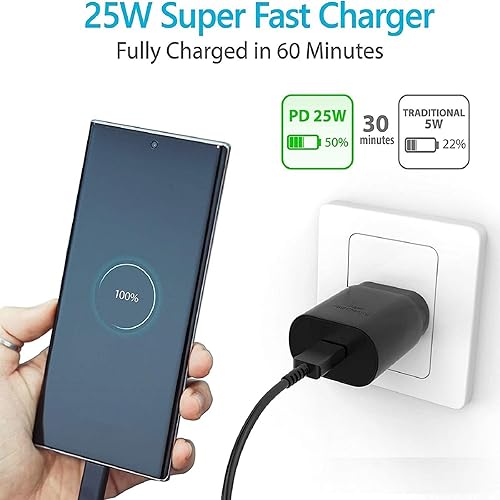 Miniatura 2 de Cargador Samsung de carga súper rápida de 25 W, USB C, bloque de cargador de pared con cable de carga tipo C de 5 pies, compatible con Samsung