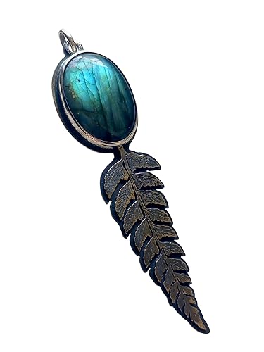 Sterling Silver Fern Leaf Pendant with Labradorite, Nature Organic Mystic Necklace (Pendant + Chain 40cm)