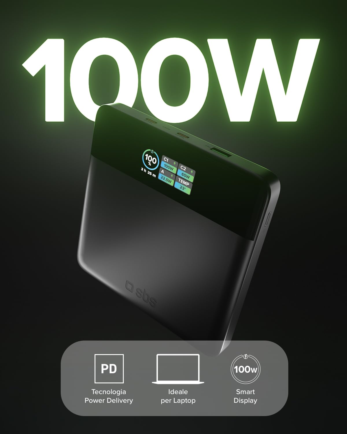SBS Pulse PowerBank Lite 100W, 20000mAh, Power Delivery (PD 3.0 PPS) | AFC, Power Bank con Ricarica Rapida, Display LCD AI, USB-C, USB-A, Caricabatterie Portatile da Viaggio, Design Slim, Grigio
