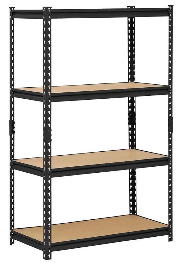 STAR WORK Adjustable Section Rack & Shelves Industrial Storage Shelving Unit Boltless Rivet 4 Sections (Color Black Height 4.6 ft Length 2 ft Dimension 1ft) (Steel, Wood Finish)