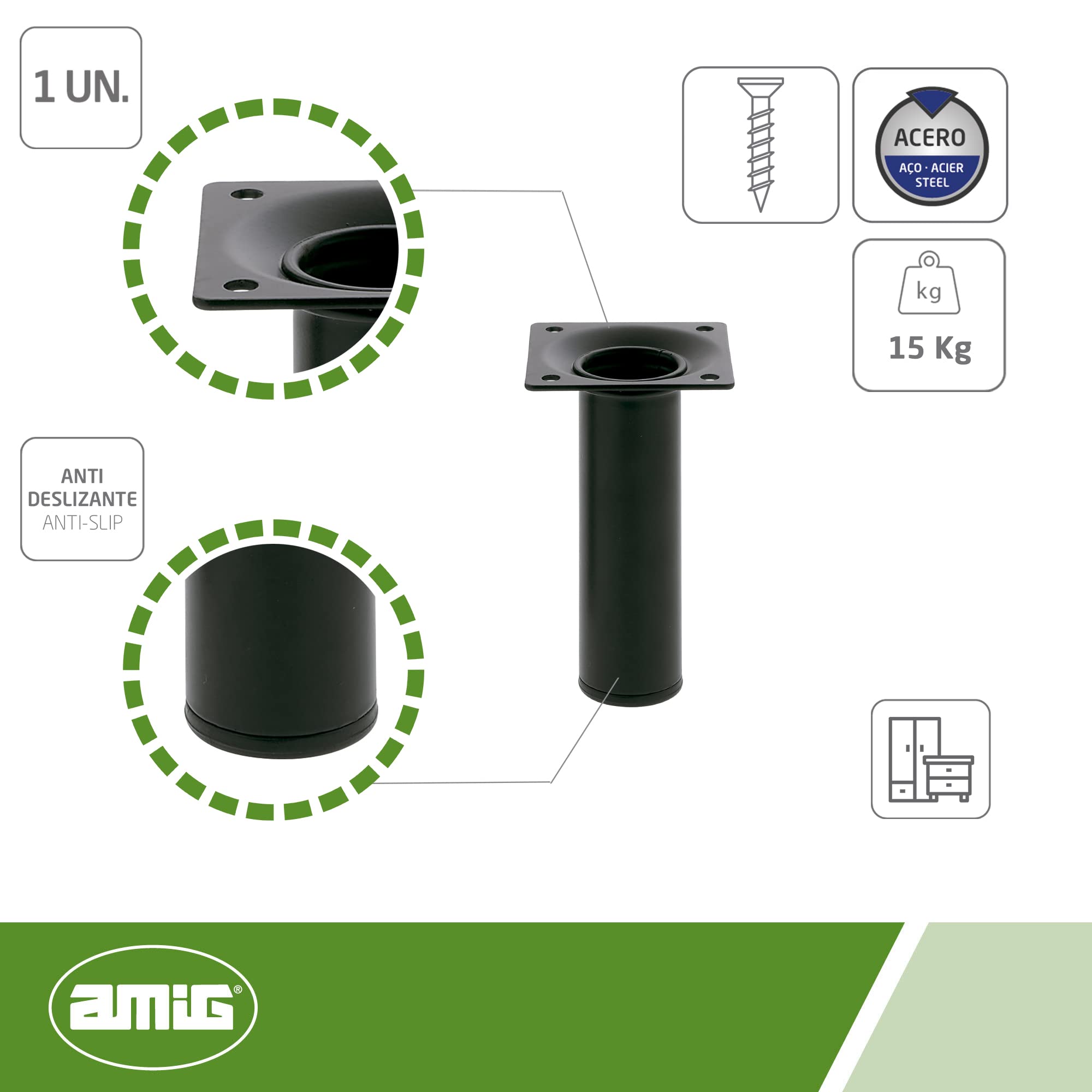 Amig - Round Furniture Leg, Black, diameter 30 x 100 mm - Image 3
