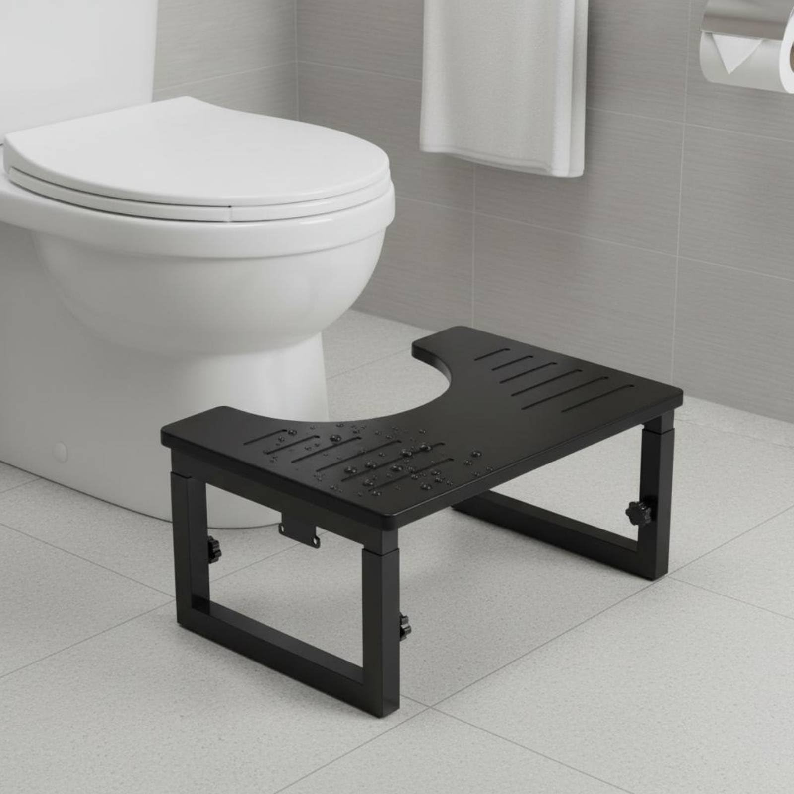 Sgabello Pieghevole per WC Sgabello da Toilette Poggiapiedi per Bagno Pedana Regolabile in Legno E Acciaio Chiusura Rapida Stoccaggio Ordinato Postura, Nero