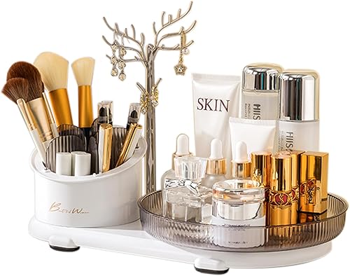 Organizador de maquillaje giratorio de 360, vitrina giratoria de gran capacidad para cosméticos de tocador, lápices labiales, joyas, cuidado de
