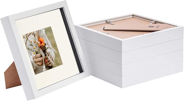 Nicola Spring 5 Piece 8 x 8 3D Shadow Box Photo Frame Set - Craft Display Picture Frame with 4 x 4 Mount - Glass Aperture - White/Ivory