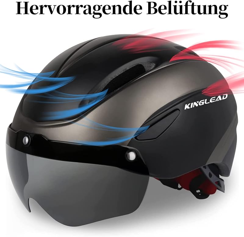 KINGLEAD kerékpáros sisak napszemüveggel, könnyű, szellőző, állítható, mágneses, uniszex (57-62cm) - black titanium