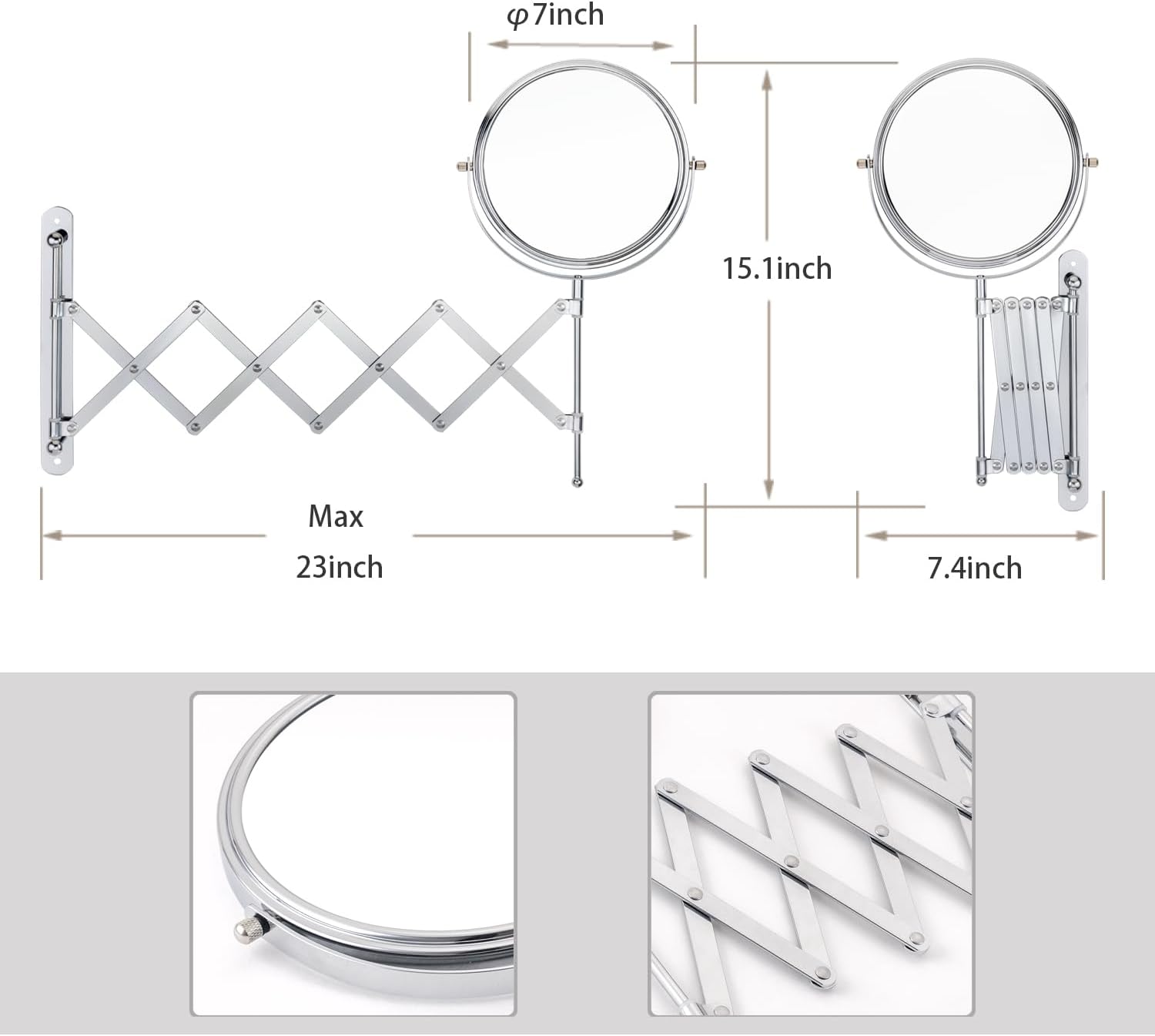 Welllink 7Inch Extendable Bathroom Makeup Mirror with Long Adjustable Arm, 1X/3X Magnification, High-Definition Glass, Chrome Finish, Space Saving Screw Mount