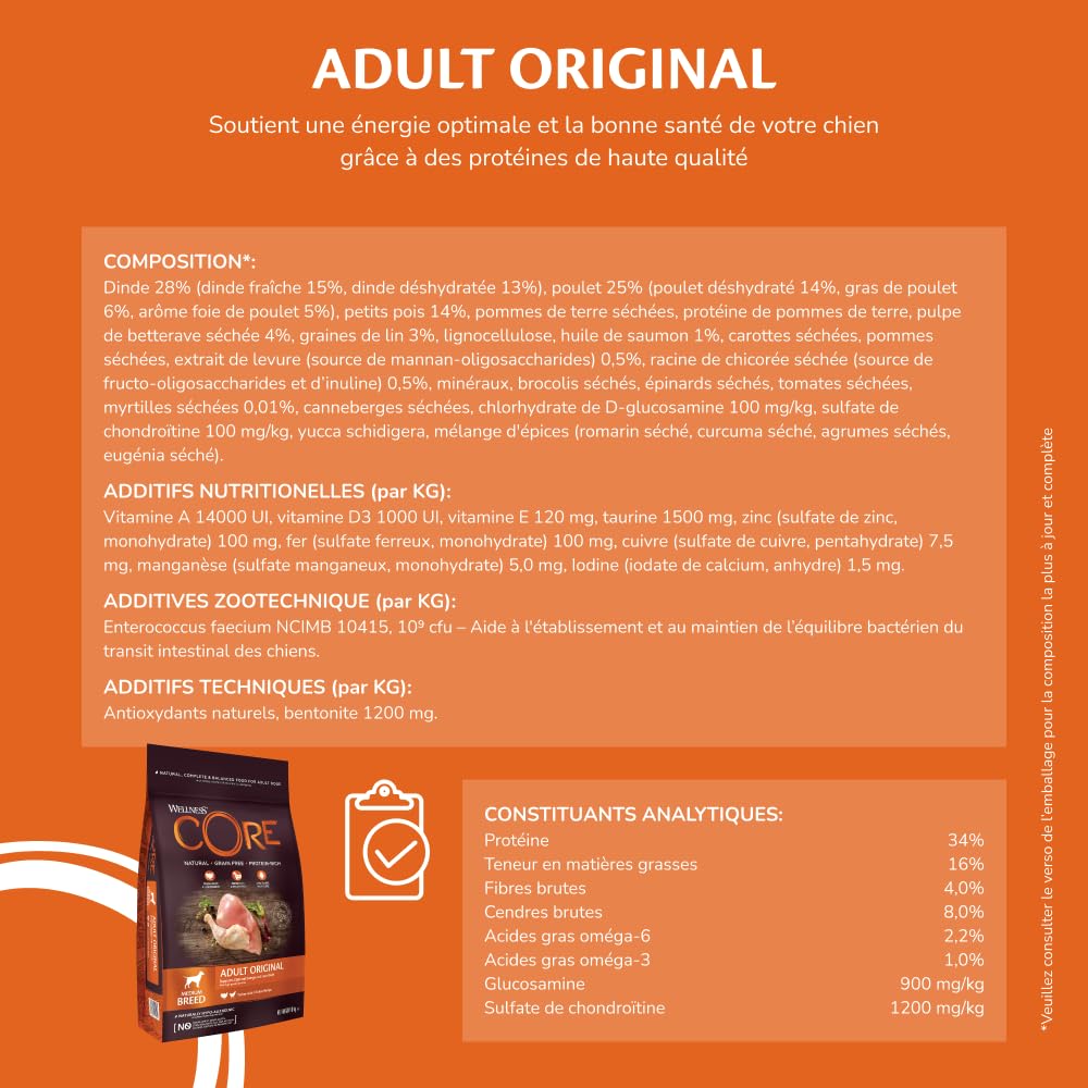 Wellness CORE Original 10 kg, Poulet/Dinde – Croquettes pour Chiens Moyens, sans Céréales, Naturelles, Hypoallergénique, Riche en protéines, À Haute Teneur en Viande, Soutient Hanches & Articulations