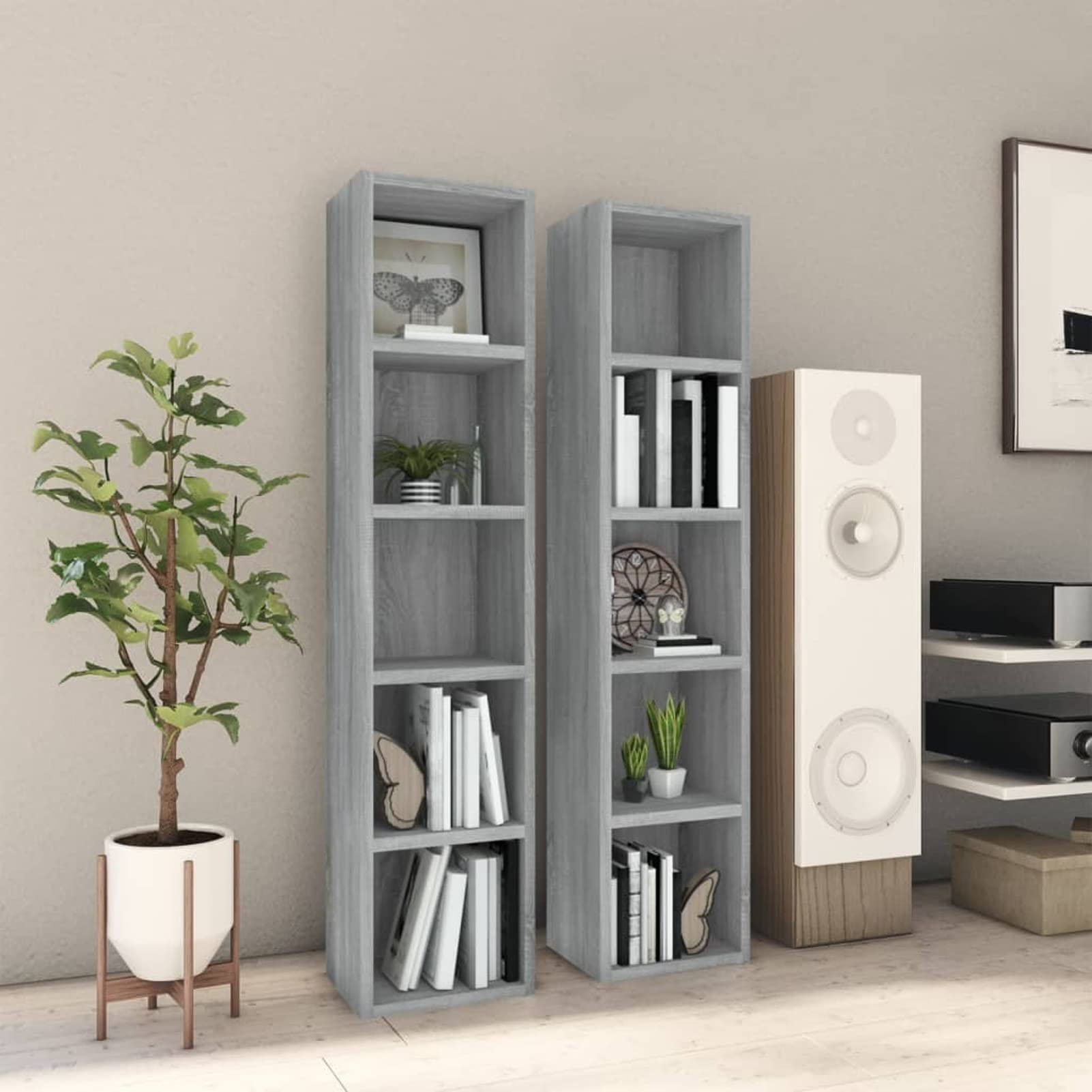 Mobili stojak na płyty CD 2 szt. Sonoma szary 21 x 16 x 93,5 Drewniany Multilay Modułowy regał na książki CD Klasyczny schowek drewniany