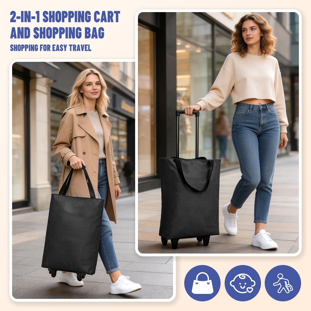Carrello per la spesa, pieghevole, 30 l, 2 in 1, moderno, con custodia, leggero, fino a 25 kg, per campeggio, viaggi, supermercato (nero)