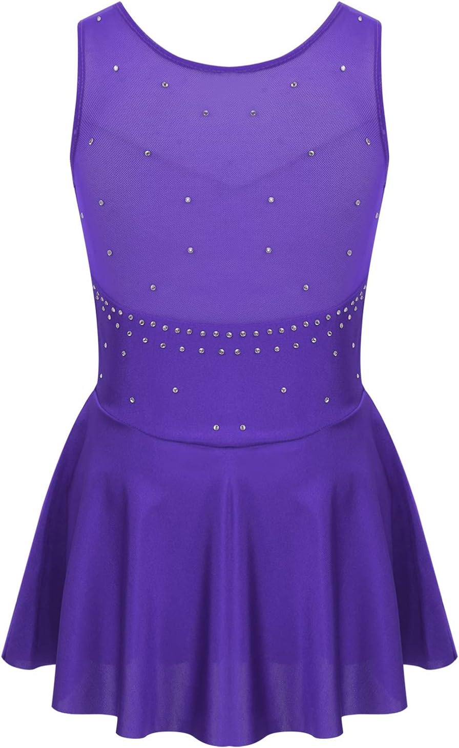 Alvivi Kids Girls Rhinestone Dance Dresses Sleeveless Ballet Figure Ice Skating Outfit Gym Skirted Leotard