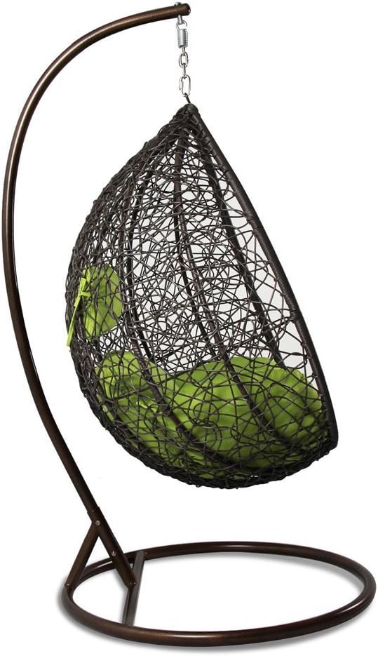 Hanging Basket Chair Outdoor Patio Furniture with Stand and Cushion (Brown Wicker, Lime Cushion)