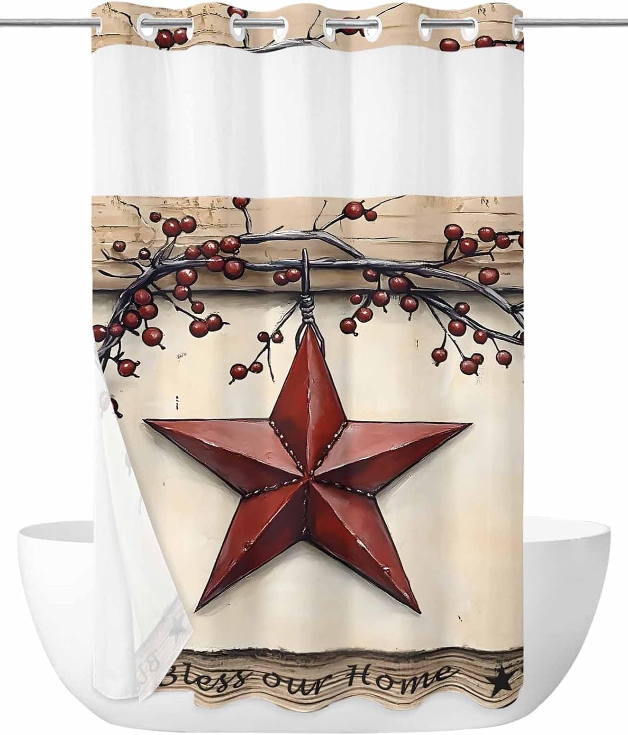 No Hook Shower Curtain with Snap in Fabric Liner Set Red Barn Star Shower Curtain for Bathroom Berry Branch Rustic Wood Bath Curtains Waterproof Inner Liner with See Through Top Window for Spa 60x72