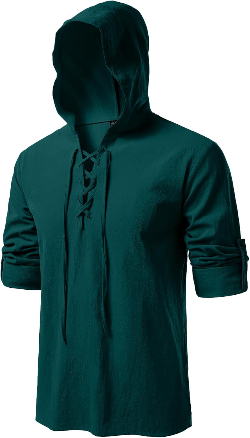 JEMITOP Men's Pure Cotton Retro Style Lace Up Hooded Shirts for Renaissance Pirate Viking Medieval Costume