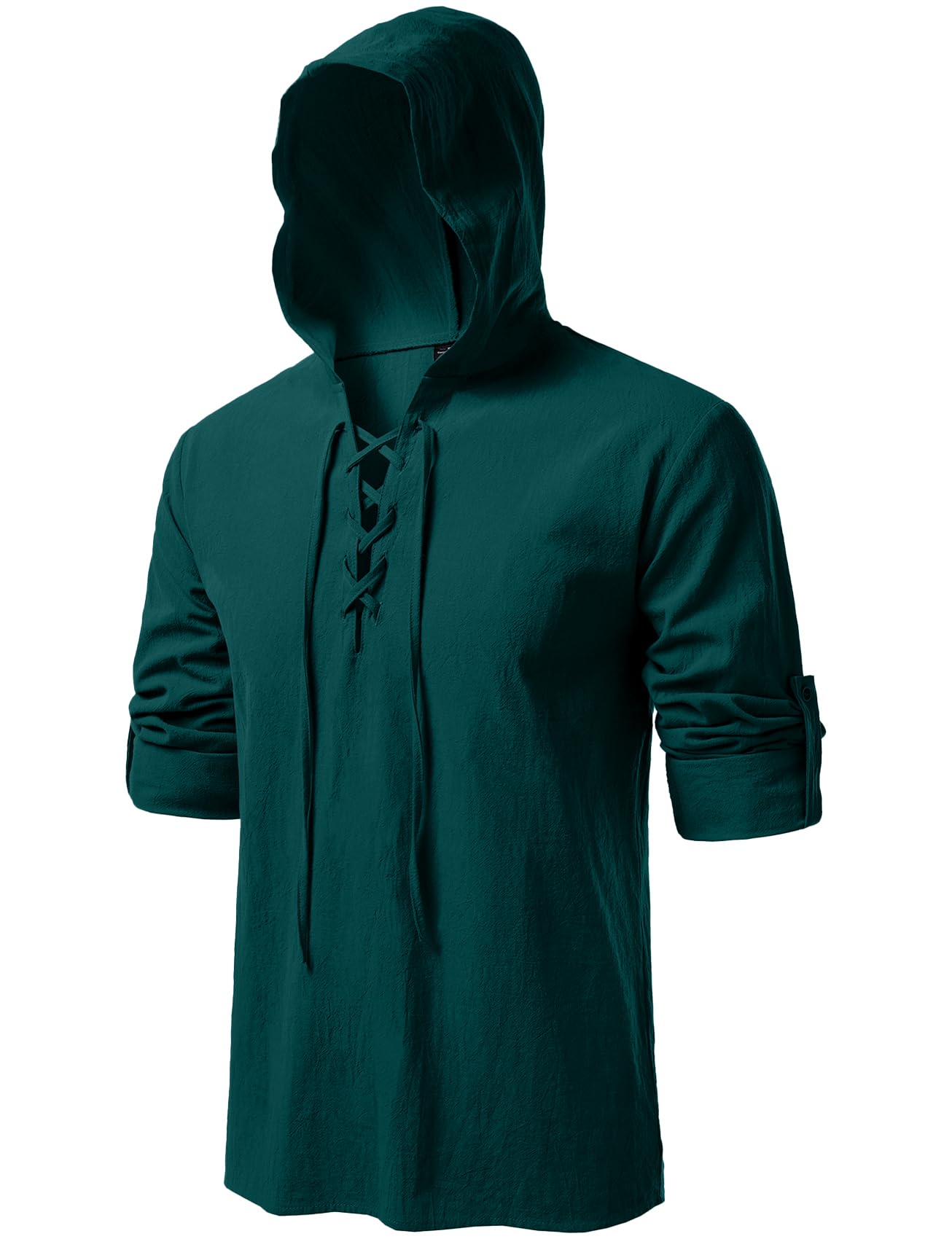JEMITOP Men's Retro Style Renaissance Costume Roll Up Long Sleeve Lace Up Hooded Shirts for Pirate Viking Medieval Halloween Cosplay Clothing Dark Green XXXL
