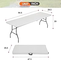 Vista 2 de Mesa plegable de 8 pies, mesas plegables de plástico resistente con asa de transporte, mesa plegable por la mitad ligera con función de bloqueo