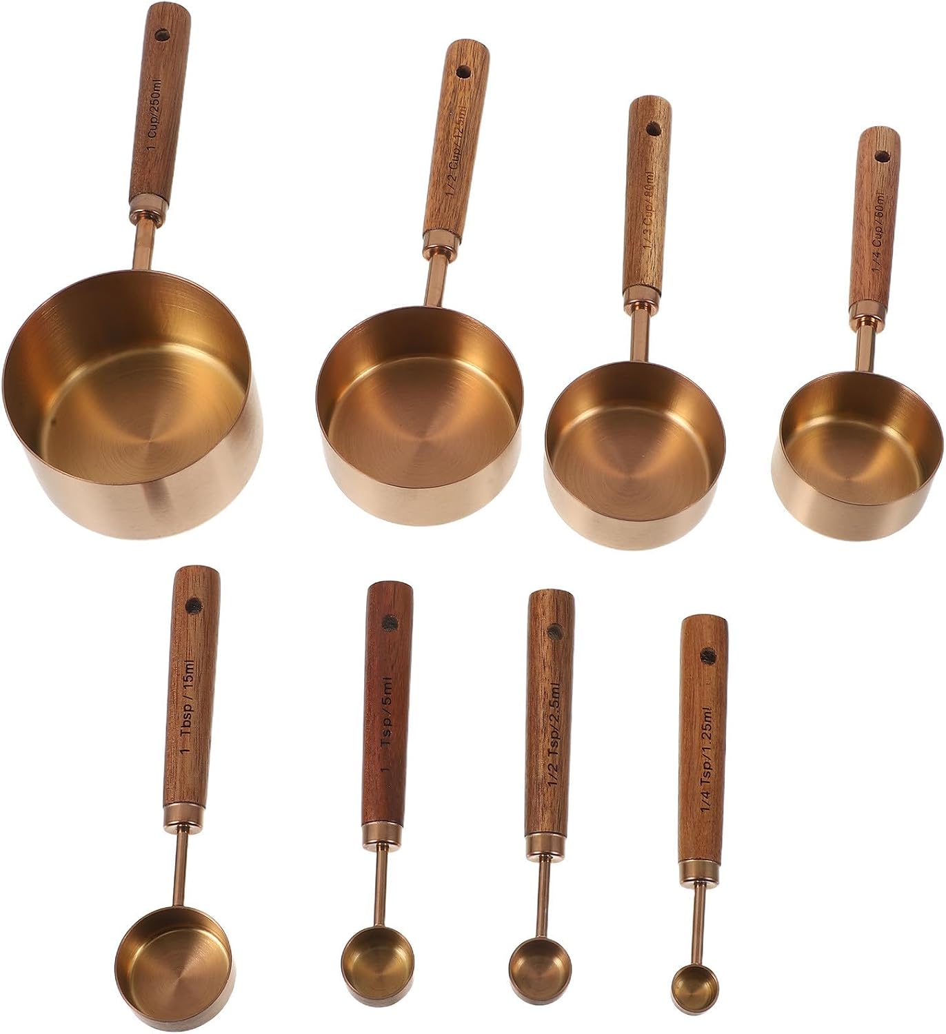 Gatuida 8pcs Stainless Steel and Wood Measuring Spoons and Cups Set with Markings for Liquid and Dry Ingredients, Nesting Design for Preparing Coffee and Kitchen Baking