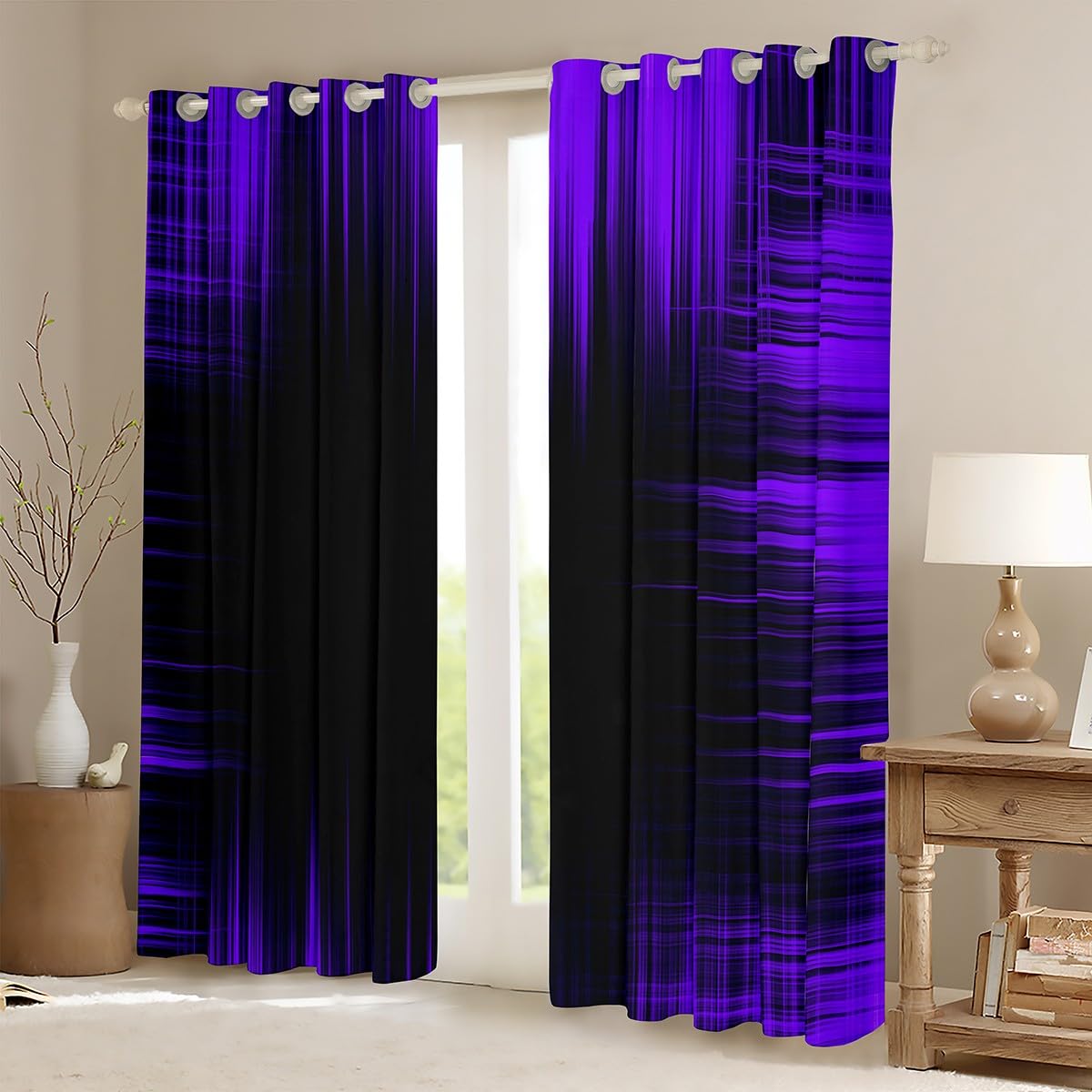 Bedluxy Abstract Ombre Window Curtains Purple and Black Window Dreapes for Kids Boys Girls Geometric Artistic Smear Blackout Curtains(30%-50%) Geometry Stripes Window Treatments W46*L72 - Image 2