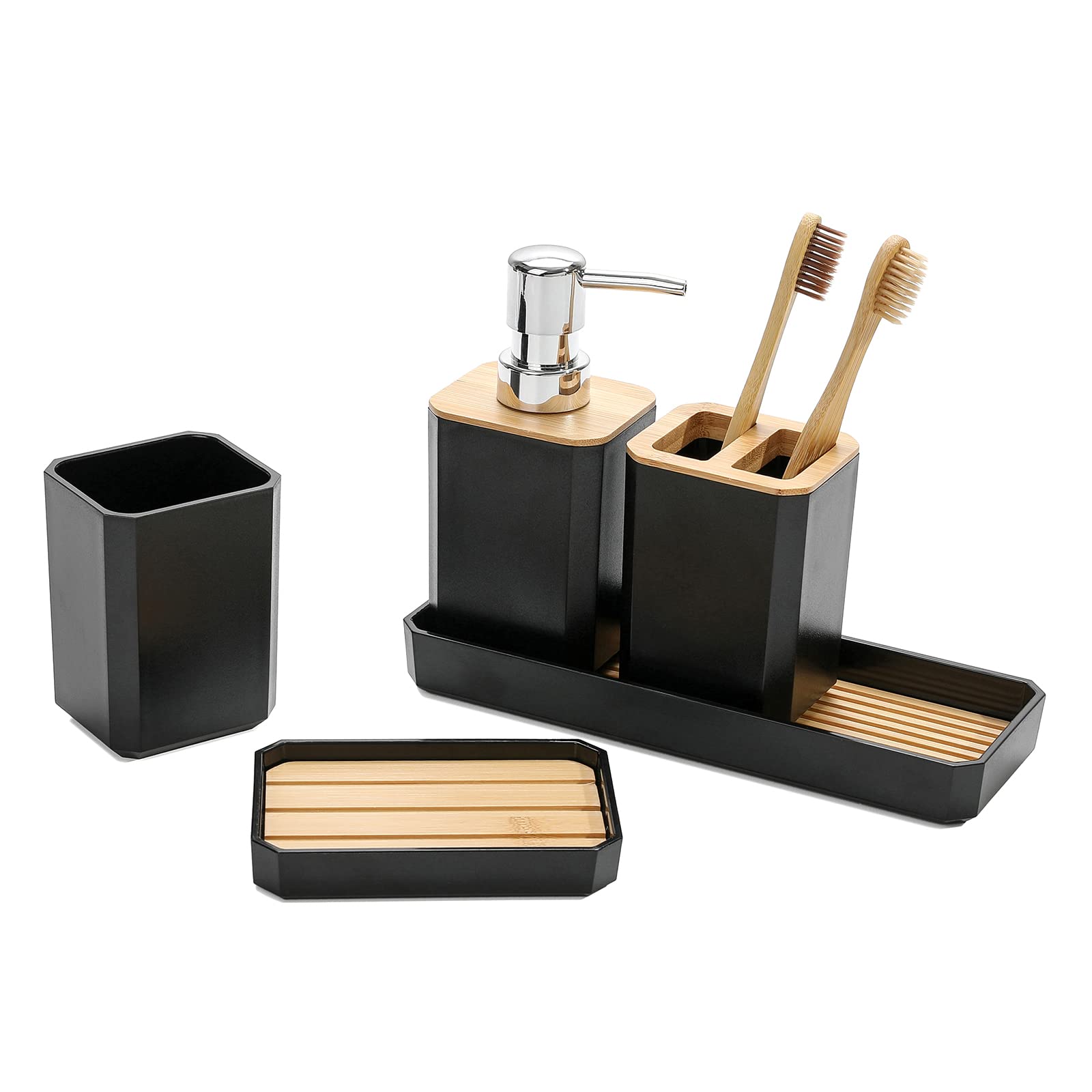 FEILANDUO Bathroom Accessories Set,5 Pcs Bathroom Accessory Gift Set, Soap Dispenser, Soap Dish, Toothbrush Holder, Toothbrush Cup, Vanity Tray, Boho, Modern Bathroom Decor (Black)