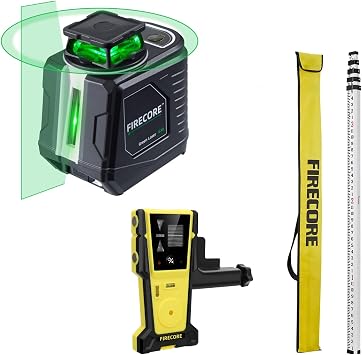 Firecore 360 Self Leveling Cross Line Laser Level with Compatible FD30 Laser Receiver and Grade Rod