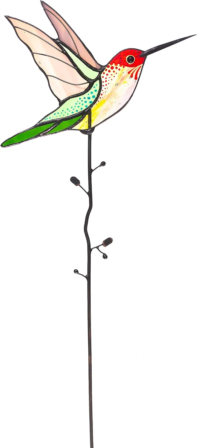 Stained Glass Hummingbird Suncatcher – Handcrafted Decorative Stake Adornment for Indoor & Outdoor – Lovely Garden Decor – Glass Artwork for Flowerpot Decoration