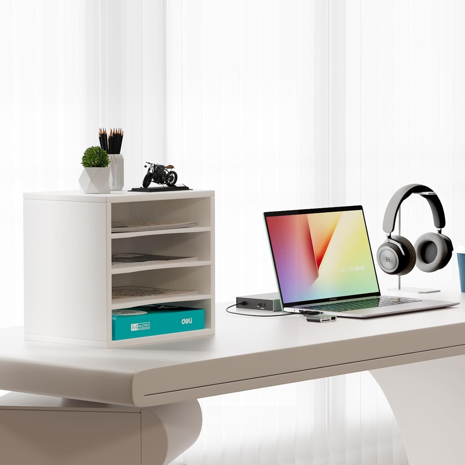 4 Fächer Aktenablage, Schreibtisch Ordner Organizer Holz, Stapelbar Dokumentenablage für Büro, A4 Aktenhalter, Multifunktionaler Briefablage für Papier, Magazin, Bürobedarf, Weiß